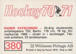 1970-71 Williams Hockey (Swedish) #380 Rainer Patschinski Back