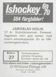 1969-70 Williams Ishockey (Swedish) #27 Jaroslav Holik Back