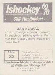 1969-70 Williams Ishockey (Swedish) #32 Jan Klapac Back