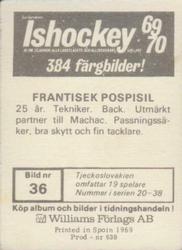 1969-70 Williams Ishockey (Swedish) #36 Frantisek Pospisil Back