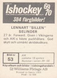 1969-70 Williams Ishockey (Swedish) #53 Lennart Selinder Back