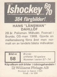 1969-70 Williams Ishockey (Swedish) #58 Hans Dahllof Back