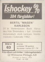 1969-70 Williams Ishockey (Swedish) #63 Bertil Karlsson Back