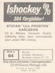 1969-70 Williams Ishockey (Swedish) #64 Stefan Karlsson Back