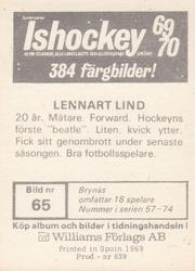 1969-70 Williams Ishockey (Swedish) #65 Lennart Lind Back
