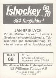 1969-70 Williams Ishockey (Swedish) #68 Jan Erik Lyck Back
