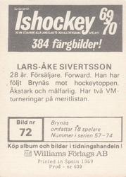 1969-70 Williams Ishockey (Swedish) #72 Lars Ake Sivertsson Back