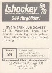 1969-70 Williams Ishockey (Swedish) #84 Sven-Erik Lundqvist Back