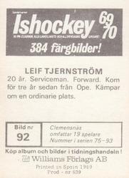1969-70 Williams Ishockey (Swedish) #92 Leif Tjernstrom Back