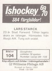 1969-70 Williams Ishockey (Swedish) #104 Lars Starck Back