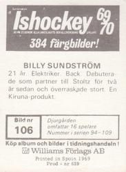 1969-70 Williams Ishockey (Swedish) #106 Billy Sundstrom Back