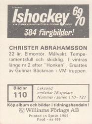 1969-70 Williams Ishockey (Swedish) #110 Christer Abrahamsson Back