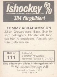 1969-70 Williams Ishockey (Swedish) #111 Thommy Abrahamsson Back