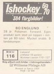 1969-70 Williams Ishockey (Swedish) #116 Bo Englund Back