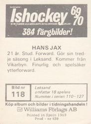 1969-70 Williams Ishockey (Swedish) #118 Hans Jax Back