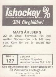 1969-70 Williams Ishockey (Swedish) #127 Mats Ahlberg Back