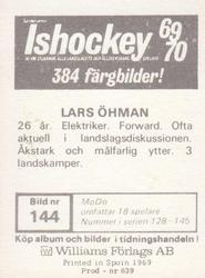 1969-70 Williams Ishockey (Swedish) #144 Lars Ohman Back