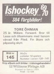 1969-70 Williams Ishockey (Swedish) #145 Tore Ohman Back