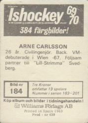 1969-70 Williams Ishockey (Swedish) #184 Arne Carlsson Back