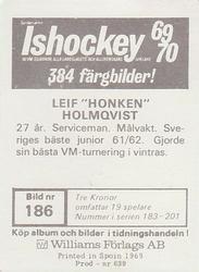 1969-70 Williams Ishockey (Swedish) #186 Leif Holmqvist Back