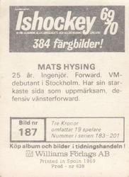 1969-70 Williams Ishockey (Swedish) #187 Mats Hysing Back