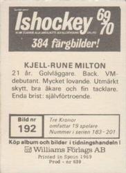 1969-70 Williams Ishockey (Swedish) #192 Kjell-Rune Milton Back