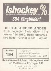 1969-70 Williams Ishockey (Swedish) #194 Bert-Ola Nordlander Back