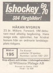 1969-70 Williams Ishockey (Swedish) #195 Hakan Nygren Back