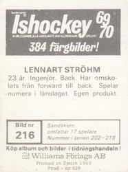 1969-70 Williams Ishockey (Swedish) #216 Lennart Strohm Back