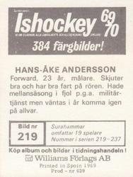 1969-70 Williams Ishockey (Swedish) #219 Hans-Åke Andersson Back