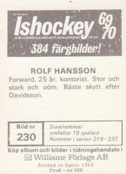 1969-70 Williams Ishockey (Swedish) #230 Rolf Hansson Back