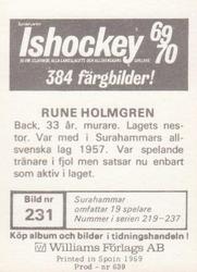 1969-70 Williams Ishockey (Swedish) #231 Rune Holmgren Back