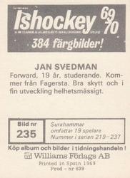 1969-70 Williams Ishockey (Swedish) #235 Jan Svedman Back