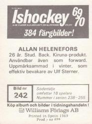 1969-70 Williams Ishockey (Swedish) #242 Allan Helenefors Back