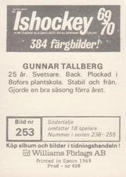 1969-70 Williams Ishockey (Swedish) #253 Gunnar Tallberg Back