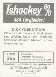1969-70 Williams Ishockey (Swedish) #255 Dick Yderstrom Back