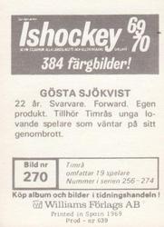 1969-70 Williams Ishockey (Swedish) #270 Gosta Sjokvist Back