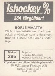 1969-70 Williams Ishockey (Swedish) #285 Borje Maatta Back