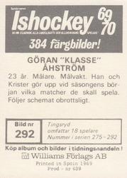 1969-70 Williams Ishockey (Swedish) #292 Goran Ahstrom Back