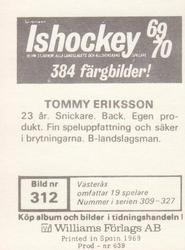 1969-70 Williams Ishockey (Swedish) #312 Tommy Eriksson Back