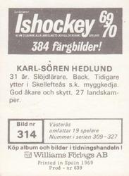 1969-70 Williams Ishockey (Swedish) #314 Karl-Soren Hedlund Back