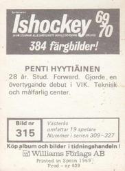 1969-70 Williams Ishockey (Swedish) #315 Pentti Hyytiainen Back