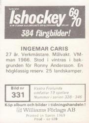 1969-70 Williams Ishockey (Swedish) #331 Ingemar Caris Back