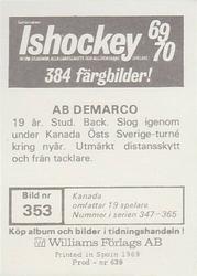 1969-70 Williams Ishockey (Swedish) #353 Ab Demarco Back