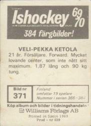 1969-70 Williams Ishockey (Swedish) #371 Veli-Pekka Ketola Back