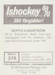 1969-70 Williams Ishockey (Swedish) #375 Seppo Lindström Back