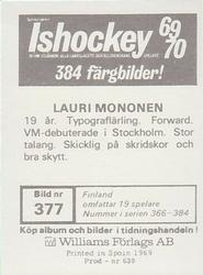 1969-70 Williams Ishockey (Swedish) #377 Lauri Mononen Back