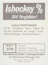 1969-70 Williams Ishockey (Swedish) #379 Lalli Partinen Back