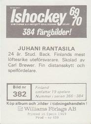 1969-70 Williams Ishockey (Swedish) #382 Juha Rantasila Back