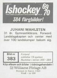 1969-70 Williams Ishockey (Swedish) #383 Juhani Wahlsten Back
